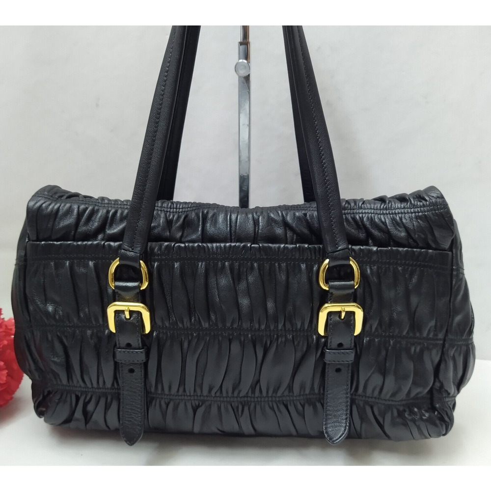 Prada Black Gaufre Nappa Leather Push Lock Double Handle Satchel Shoulder Bag - Picture 3 of 16